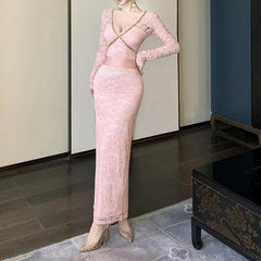Long-Sleeve V-Neck Lace Sequin Slit Midi Sheath Dress
