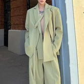 Set: Mock Two-Piece Peak Lapel Plain Buttoned Slit Blazer + Mid Rise Wide Leg Dress Pants
