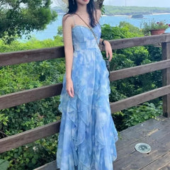 Spaghetti Strap Tie Dye Ruffle Asymmetrical Maxi Sundress