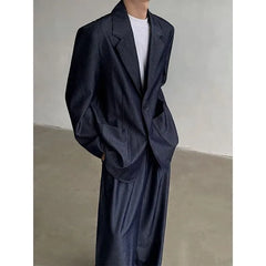 One Buttoned Denim Blazer / High Waist Wide Leg Dress Pants / Set