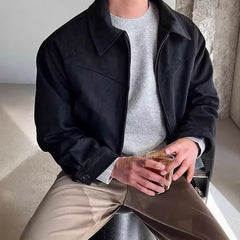 Collared Plain Faux Suede Zip Jacket