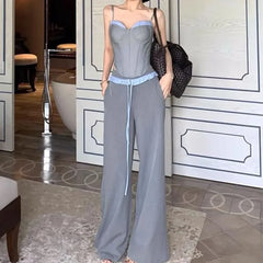 Mock Two Piece Bustier Top / Drawstring Waist Panel Wide Leg Pants