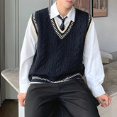 V-Neck Contrast Trim Cable Knit Sweater Vest