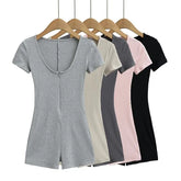 Short-Sleeve Scoop Neck Half-Zip Plain Romper