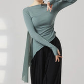 Long-Sleeve Boat Neck Plain Thumbhole Asymmetrical Dance Top / Elbow-Sleeve Dance Top