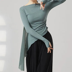 Long-Sleeve Boat Neck Plain Thumbhole Asymmetrical Dance Top / Elbow-Sleeve Dance Top