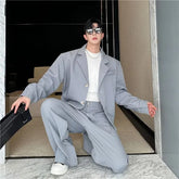 Set: Lapel Collar Plain Single Breasted Blazer + Mid Rise Plain Wide Leg Pants