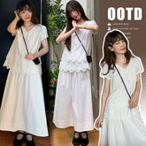 Maternity Set: Short-Sleeve Plain Lace Trim Hooded T-Shirt + High Waist Maxi A-Line Skirt