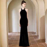 S - Sleeveless Halter Neck Plain Velvet Maxi Sheath Dress