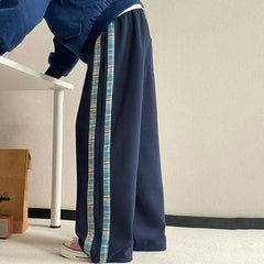 Drawstring Waist Plaid Panel Wide Leg Sweatpants