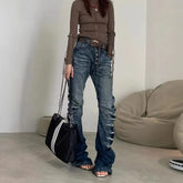 Mid Waist Washed Ripped Bootcut Jeans