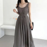 Spaghetti Strap Plain Accordion Pleated Tie-Waist Maxi A-Line Dress