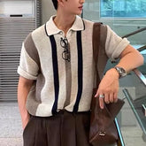 Elbow-Sleeve Drop Shoulder Striped Knit Polo Shirt