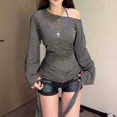 Long-Sleeve Scoop Neck Plain Sashed Slim Fit Top