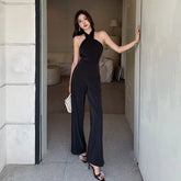 Halter Plain Open Back Loose Fit Jumpsuit