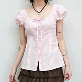 Puff Sleeve Scoop Neck Plain Slim-Fit Shirt