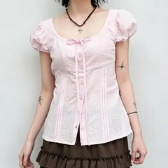 Puff Sleeve Scoop Neck Plain Slim-Fit Shirt
