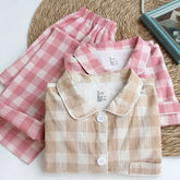 Couple Matching Pajama Set: Long Sleeve Collared Plaid Shirt + Elastic Waist Straight Leg Pants (Various Designs)