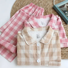 Couple Matching Pajama Set: Long Sleeve Collared Plaid Shirt + Elastic Waist Straight Leg Pants (Various Designs)
