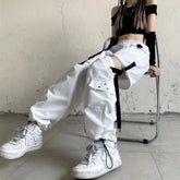 Elastic Waist Plain Cutout Buckled Wide Leg Cargo Pants