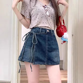 High Waist Asymmetrical Washed Denim Mini A-Line Skort
