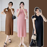 Maternity Short Sleeve Collared Plain Accordion Pleated Knit Midi A-Line Dress