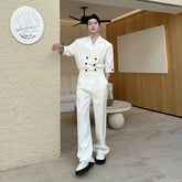 Set: 3/4-Sleeve Notch Lapel Double-Breasted Plain Blazer + Mid Rise Wide Leg Dress Pants
