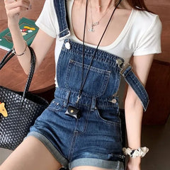 Pocket Detail Roll Up Hem Denim Overall Shorts