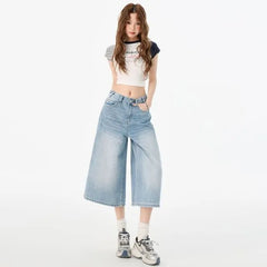 High Waist Washed Wide Leg Jorts