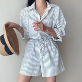 Long-Sleeve Henley Striped Pocket Front Romper
