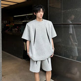 Set: Short-Sleeve Round Neck Two Tone T-Shirt + Drawstring Waist Sweat Shorts