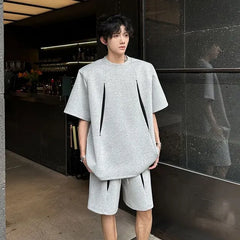 Set: Short-Sleeve Round Neck Two Tone T-Shirt + Drawstring Waist Sweat Shorts