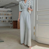 Elbow-Sleeve Lapel Collar Plain Wide Leg Jumpsuit