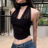 Halter Neck Plain Mesh Panel Corset Top