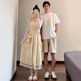 Couple Matching Spaghetti Strap Dotted Lace Panel Midi A-Line Dress / Plain Perforated Crop Cardigan / Elbow-Sleeve Crew Neck Panel T-Shirt / Drawstring Waist Wide Leg Shorts / Set