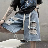 Drawstring Waist Distressed Denim Shorts
