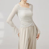 Long-Sleeve Square Neck Plain Ruched Dance T-Shirt