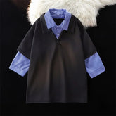 Mock Two-Piece 3/4-Sleeve Plaid Panel Polo Shirt