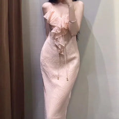 Spaghetti Strap V-Neck Plain Ruffle Trim Open Back Maxi Mermaid Dress
