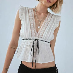 V-Neck Ruffled-Trim Crop Tank Top