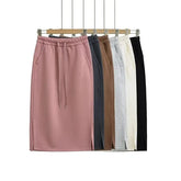 Drawstring Waist Plain Side-Slit Midi H-Line Skirt