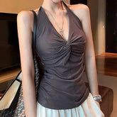 Halter V-Neck Plain Knotted Slim-Fit Tank Top