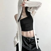 Long-Sleeve Cold-Shoulder Plain Asymmetrical Distressed Hooded Shrug