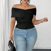 Plus Size Short Sleeve off-Shoulder Plain Slim-Fit T-Shirt