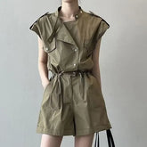 Short-Sleeve Plain Drawstring Romper