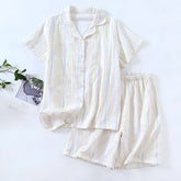 Pajama Set: Short-Sleeve Lapel Collar Striped Button Top + Lounge Shorts