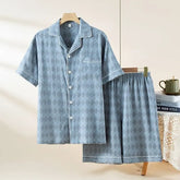 Pajama Set: Short-Sleeve Lapel Collar Argyle Button Top + Lounge Shorts