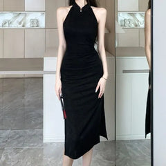 Sleeveless Plain Slit Midi Sheath Qipao