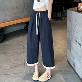 Drawstring Waist Lace Trim Cropped Straight Leg Pants
