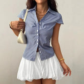 Short Sleeve V-Neck Striped Tie-Back Slim-Fit Shirt